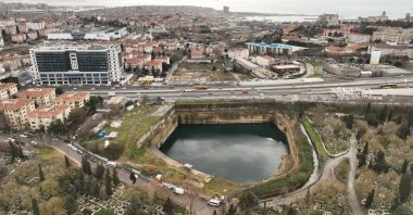 An aerial view of the water accumulated in the foundation of a construction site in the Kadıköy district, Istanbul, Türkiye, March 13, 2024. (AA Photo)