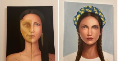 "Every Days Smile" (L) and "Pray for Ukraine" by Tanja Regenbrecht at the "Art for Women" exhibition, Istanbul, Türkiye, March 13, 2024. (Photos by Buse Keskin)