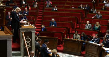 President of the 'Rassemblement National' (RN) parliamentary group Marine Le Pen delivers a speech during a debate on Ukraine at the National Assembly in Paris on March 12, 2024. (AFP Photo)