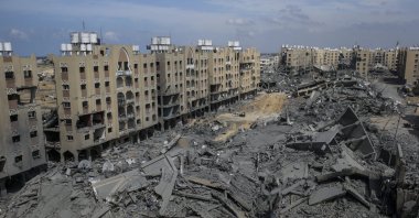 The rubble of the Hamad towers after they were destroyed in an Israeli attack in Khan Younis town, southern Gaza Strip, March 14, 2024. (EPA Photo)