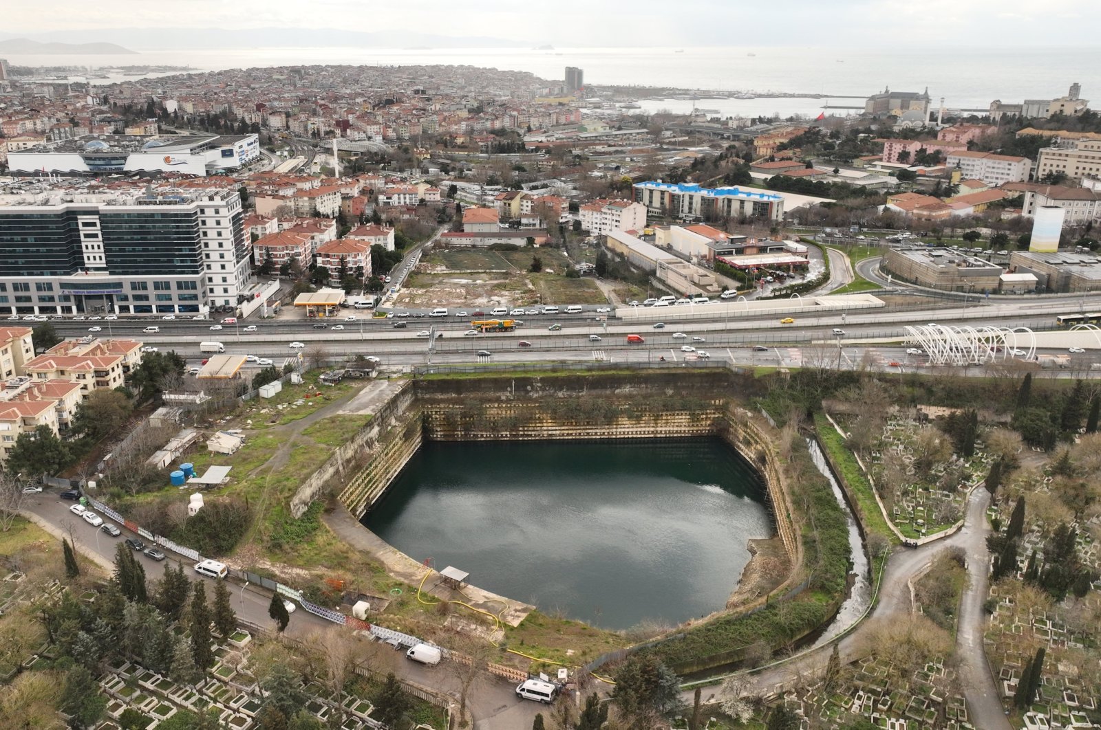 An aerial view of the water accumulated in the foundation of a construction site in the Kadıköy district, Istanbul, Türkiye, March 13, 2024. (AA Photo)