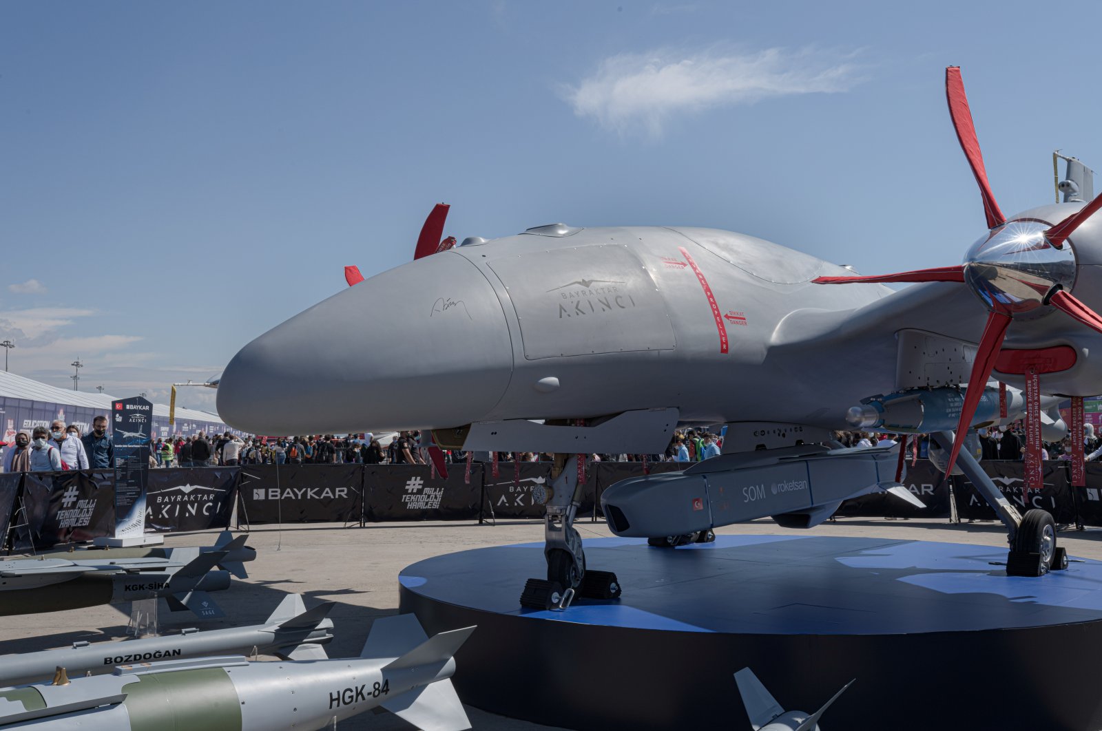 An Akıncı drone manufactured by the Turkish technology company Baykar is on display during the major aerospace and technology event Teknofest, Istanbul, Türkiye, Sept. 24, 2021. (Reuters Photo)