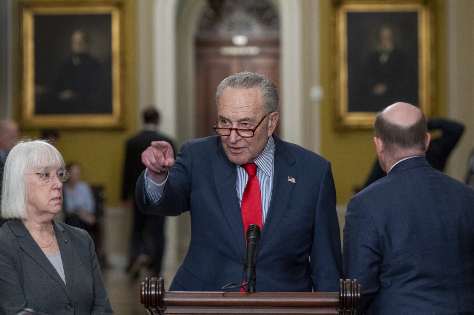 Senate Majority Leader Chuck Schumer responds to a question from the news media during a press conference in the U.S. Capitol in Washington, D.C., March 12, 2024. (EPA Photo)