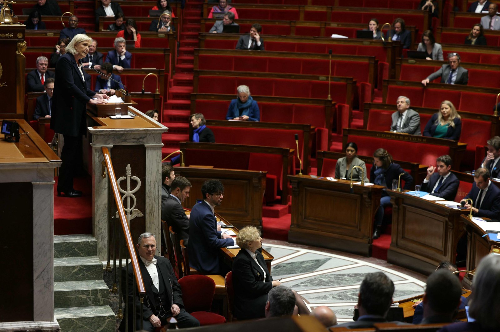 President of the &#039;Rassemblement National&#039; (RN) parliamentary group Marine Le Pen delivers a speech during a debate on Ukraine at the National Assembly in Paris on March 12, 2024. (AFP Photo)