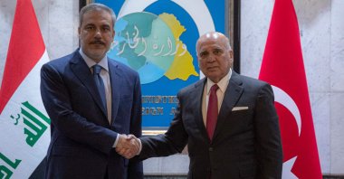 Iraqi Foreign Minister Fuad Hussein (R) receives his Turkish counterpart Hakan Fidan for talks, Baghdad, Iraq, on March 14, 2024. (AFP Photo)