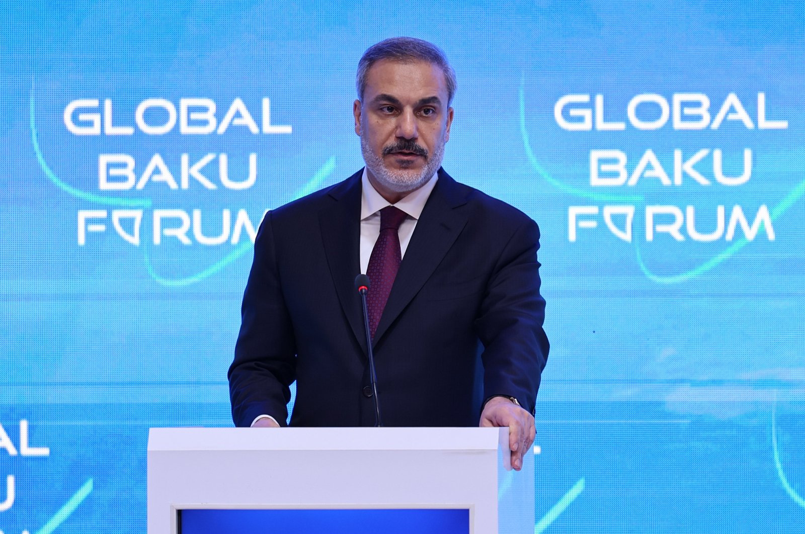 Foreign Minister Hakan Fidan speaks at the Global Baku Forum in Baku, Azerbaijan, Friday, March 15, 2024. (AA Photo)