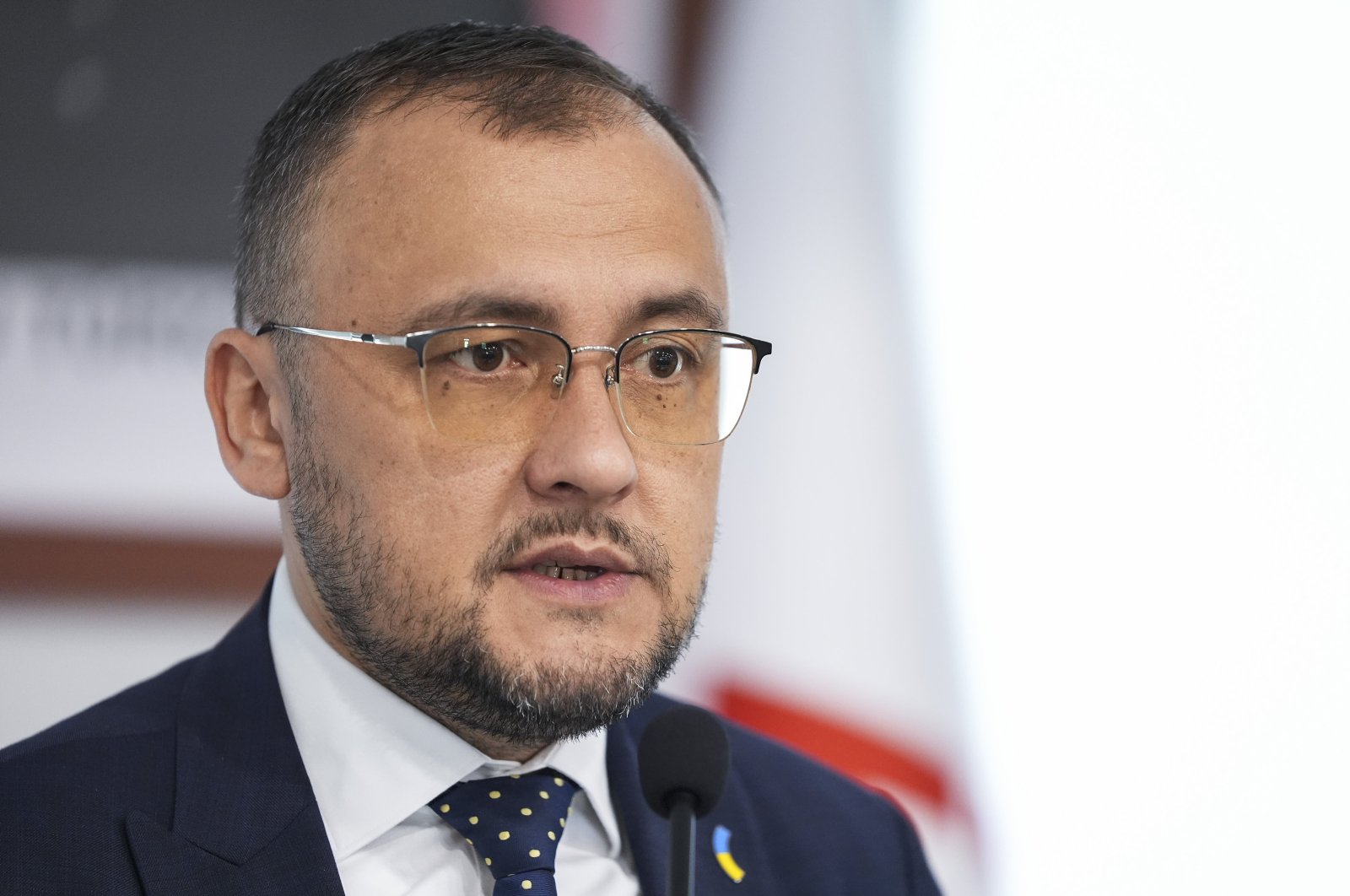 Ukraine’s Ambassador to Türkiye Vasyl Bodnar delivers a speech at Başkent University, Ankara, Türkiye, Feb. 27, 2024 (AA Photo)