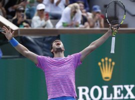 Spain's Carlos Alcaraz reacts after winning match point to defeat Russia's Daniil Medvedev during the men's finals at the BNP Paribas Open tennis tournament, Indian Wells, U.S., March 17, 2024. (EPA Photo)