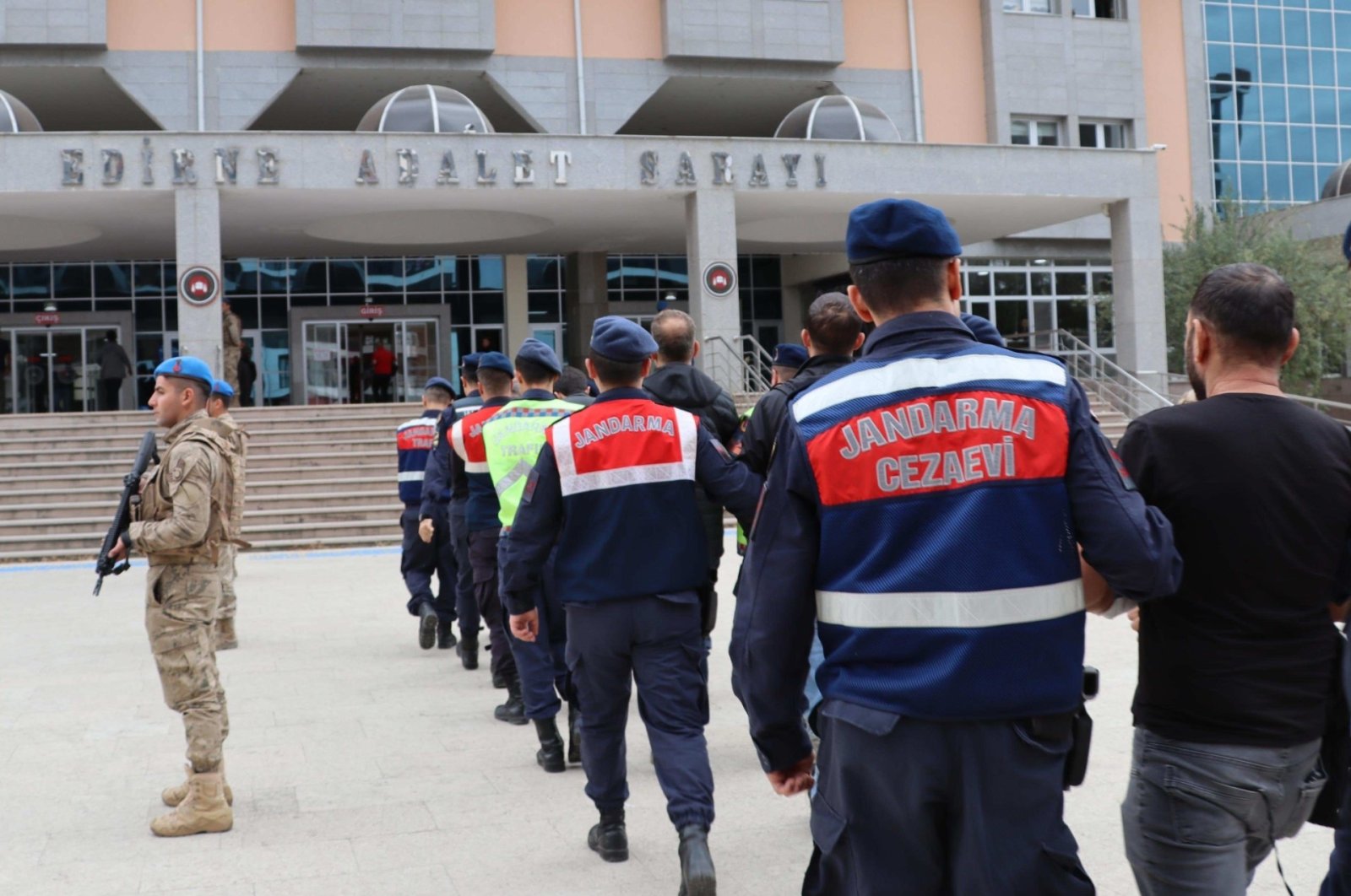 Gendarmerie escorted 14 suspected terrorists to the courthouse in northwestern Edirne province, Türkiye, March 10, 2024. (DHA Photo)