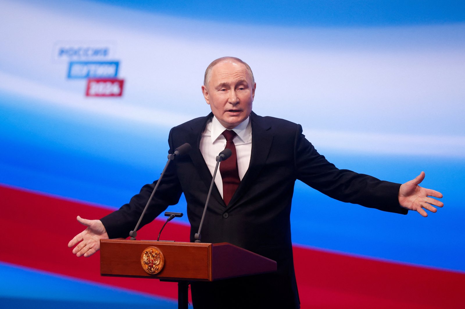 Russian presidential candidate and incumbent President Vladimir Putin speaks at a program in Moscow, Russia, March 18, 2024. (Reuters Photo)