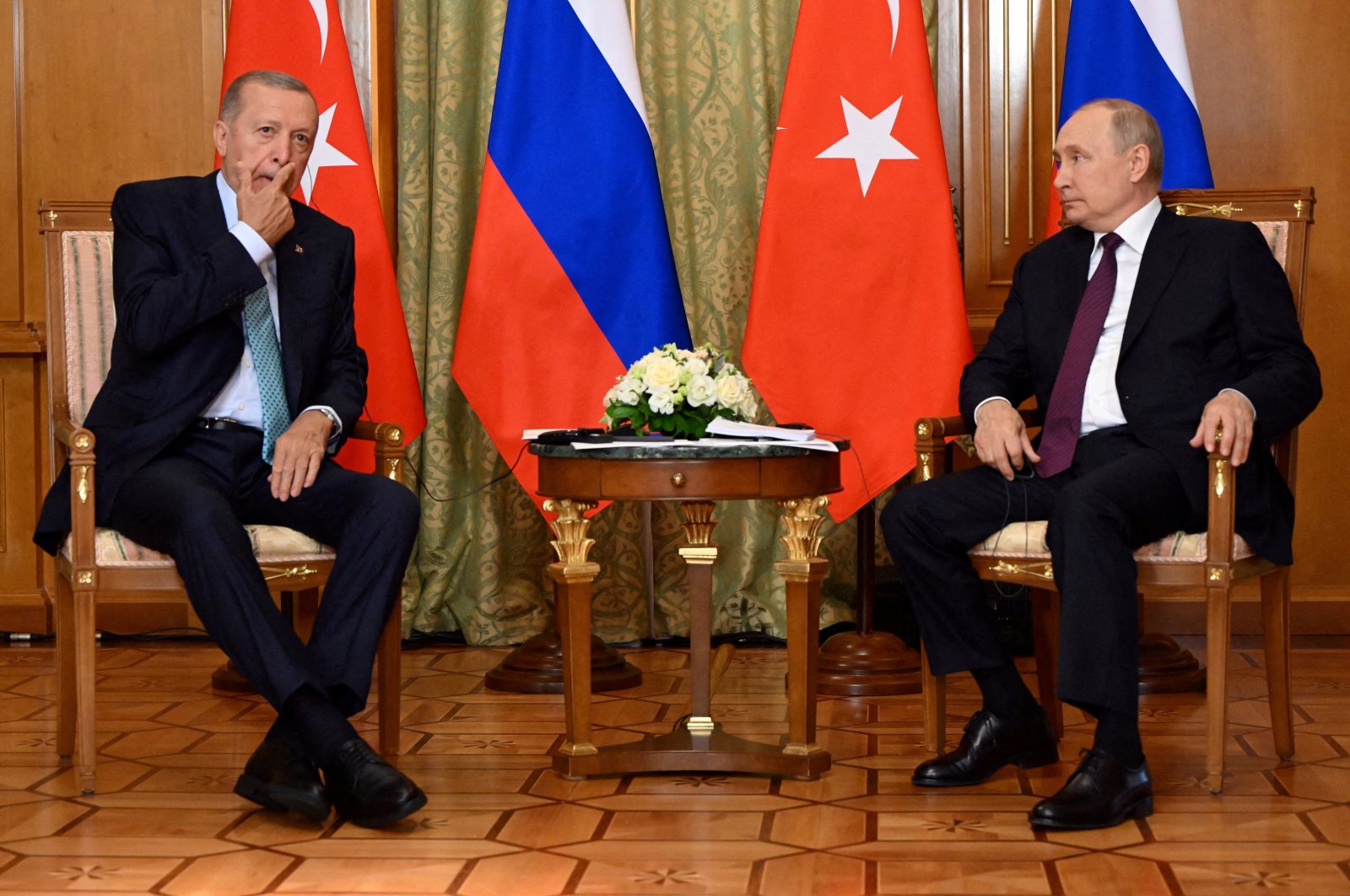 President Recep Tayyip Erdoğan and Russian President Vladimir Putin attend a meeting in Sochi, Russia, Sept. 4, 2023. (Sputnik/Sergei Guneev/Pool via Reuters File Photo)