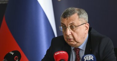 Russian Consul General in Istanbul Andrey Buravov talks to reporters in Istanbul, Türkiye, March 18, 2024. (AA Photo)