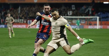 Paris Saint-Germain's Kylian Mbappe in action during the Ligue 1 match against Montpellier at Stade de la Mosson, Montpellier, France, March 17, 2024. (Reuters Photo)