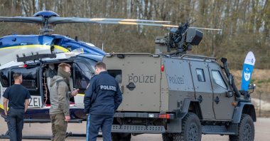The Enok 6.2 armored offensive vehicle of the special units is on the sidelines of the large-scale transnational exercise on the grounds of the riot police. Special police and customs units as well as members of the German Armed Forces, rescue services, fire department and technical relief organization are taking part in the counter-terrorism exercise &quot;Counter Terrorism Exercise 2024,&quot; March 17, 2024. (Reuters Photo)