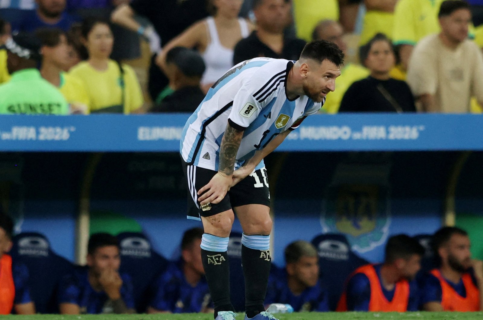 Argentina&#039;s Lionel Messi reacts during the South American World Cup Qualifiers against Brazil at the Estadio Maracana, Rio de Janeiro, Brazil, Nov. 21, 2023. (Reuters Photo)