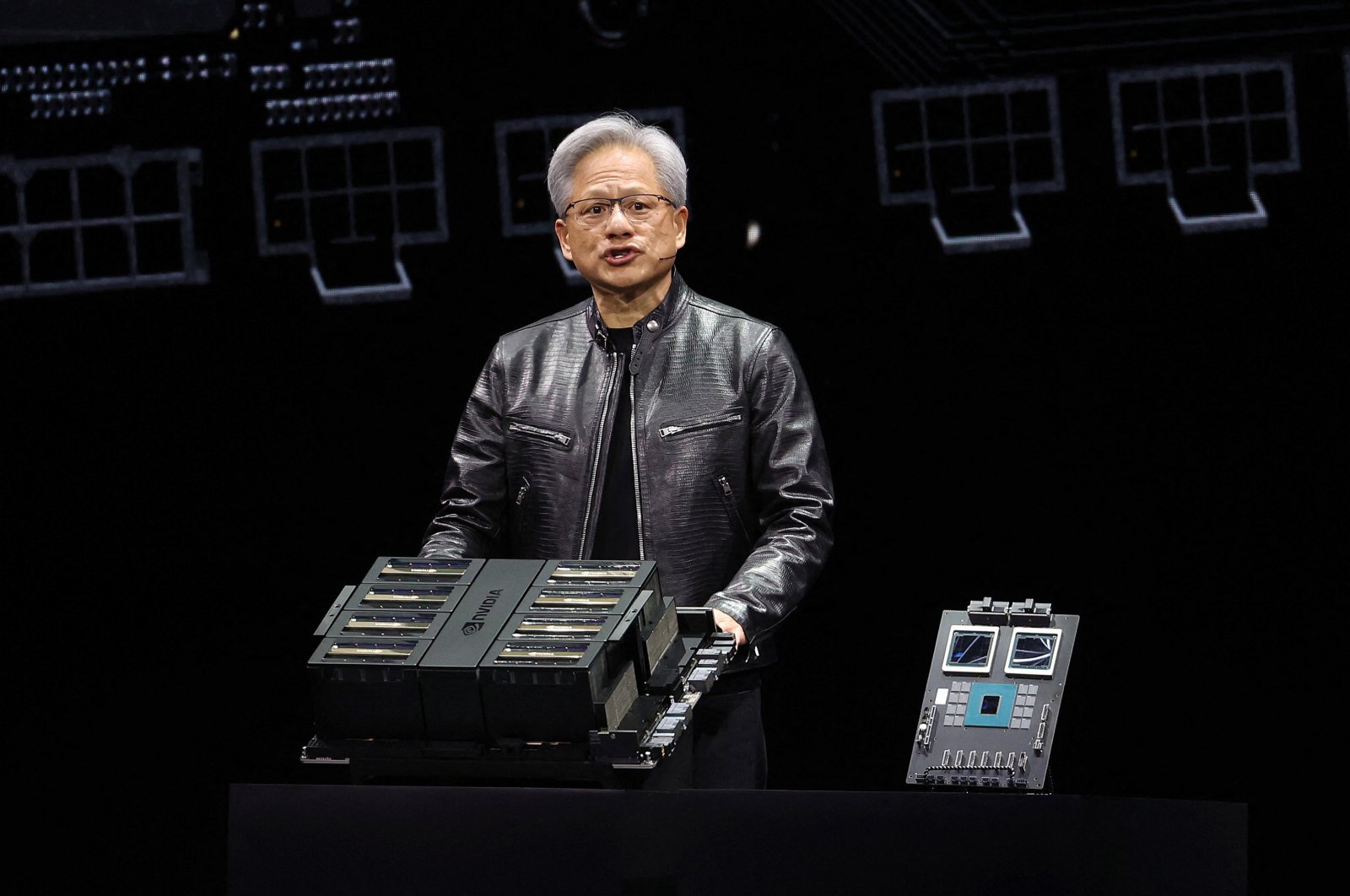 Nvidia CEO Jensen Huang delivers a keynote address during the Nvidia GTC Artificial Intelligence Conference at SAP Center, San Jose, California, U.S., March 18, 2024. (AFP Photo)
