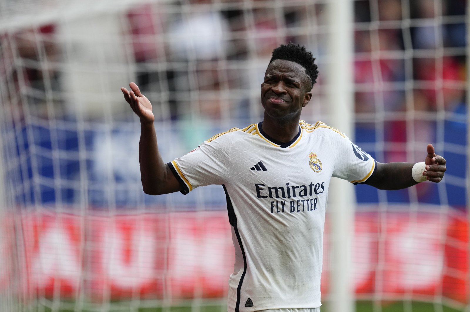 Real Madrid&#039;s Vinicius Jr reacts during the La Liga match against Osasuna, Pamplona, Spain, March 16, 2024. (AA Photo)