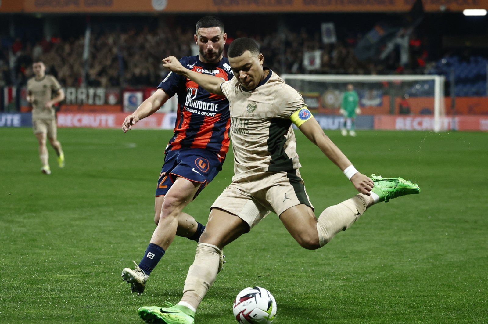 Paris Saint-Germain&#039;s Kylian Mbappe in action during the Ligue 1 match against Montpellier at Stade de la Mosson, Montpellier, France, March 17, 2024. (Reuters Photo)