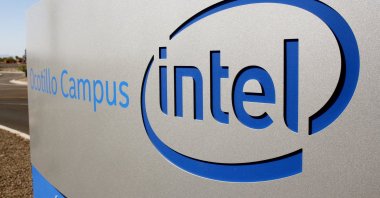 The logo for the Intel Corporation is seen on a sign outside the Fab 42 microprocessor manufacturing site, Chandler, Arizona, U.S., Oct. 2, 2020. (Reuters Photo)