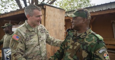 U.S. Army Lt. Gen. Jonathan Braga (L) meets with Maj. Gen. Moussa Barmou, Niger&#039;s Special Operations Forces commander, to discuss counterterrorism policies and tactics throughout Niger, at Air Base 101, Niger, June 12, 2023. (AP Photo)