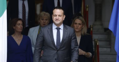 Irish Prime Minister Leo Varadkar arrives for a statement in Dublin, Ireland, March 20, 2024. (AP Photo)