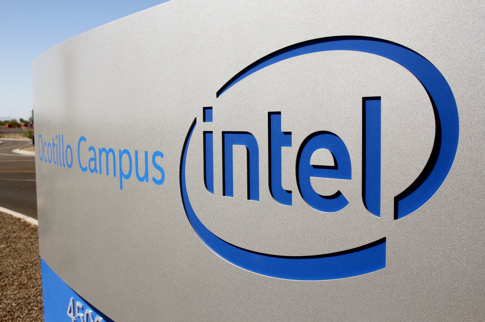 The logo for the Intel Corporation is seen on a sign outside the Fab 42 microprocessor manufacturing site, Chandler, Arizona, U.S., Oct. 2, 2020. (Reuters Photo)