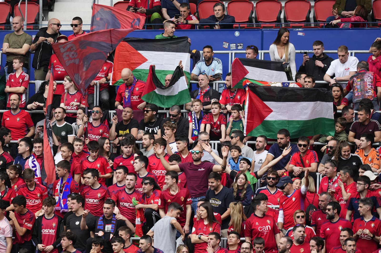 Osasuna fans raise the Palestinian flag during the La Liga match against Real Madrid, Pamplona, Spain, March 16, 2024. (AA PHoto)