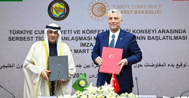 Trade Minister Ömer Bolat (R) and Gulf Cooperation Council (GCC) Secretary-General Jasem Mohamed al-Budaiwi pose during a meeting on a deal to start negotiations for a FTA, Ankara, Türkiye, March 21, 2024. (AA Photo)