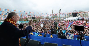 President Recep Tayyip Erdoğan waves at the crowd during a rally in central Kayseri province, Türkiye, March 21, 2024. (AA Photo)