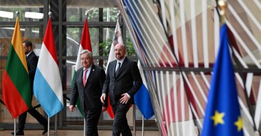 European Council President Charles Michel (R) and U.N. Secretary-General Antonio Guterres arrive to attend a European Council summit, EU headquarters, Brussels, Belgium, March 21, 2024. (AFP Photo)