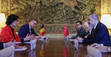 Foreign Minister Hakan Fidan and Belgian Foreign Minister Hadja Lahbib hold a meeting in Brussels, March 21, 2024. (AA Photo)