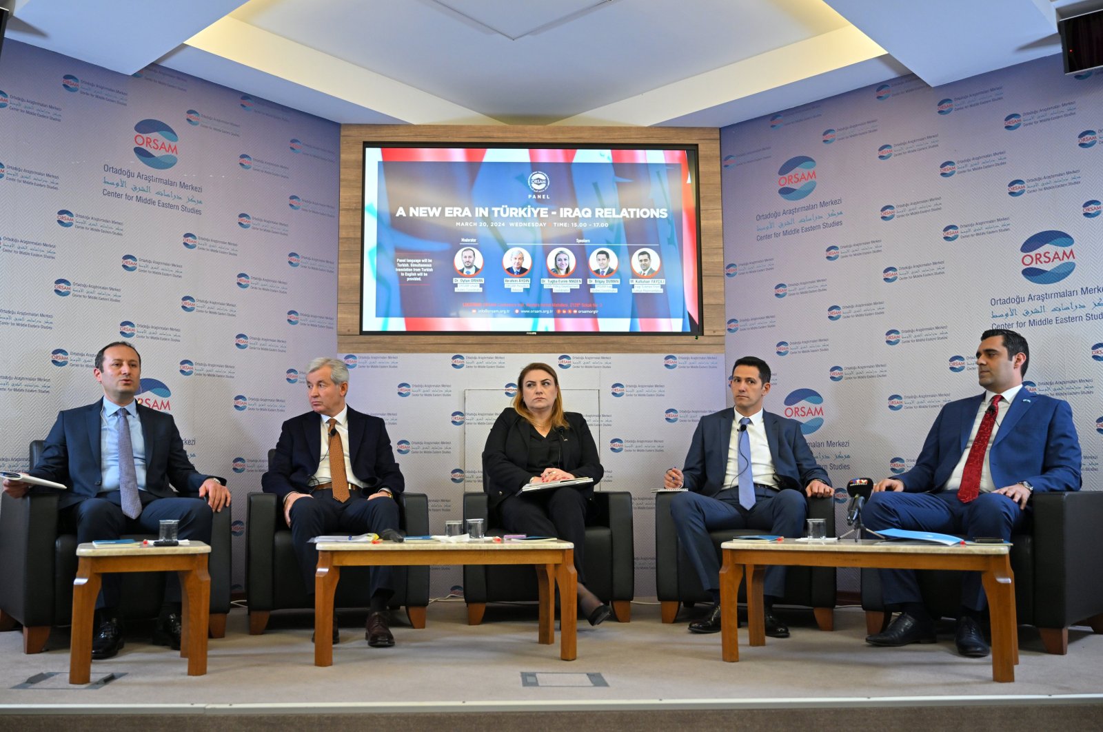 Speakers of the Center for Middle Eastern Studies (ORSAM) attend the &quot;New Era in Türkiye-Iraq Relations&quot; panel, Ankara, Türkiye, March 20, 2024. (AA Photo)