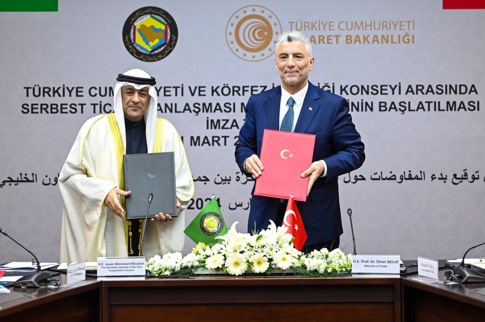 Trade Minister Ömer Bolat (R) and Gulf Cooperation Council (GCC) Secretary-General Jasem Mohamed al-Budaiwi pose during a meeting on a deal to start negotiations for a FTA, Ankara, Türkiye, March 21, 2024. (AA Photo)
