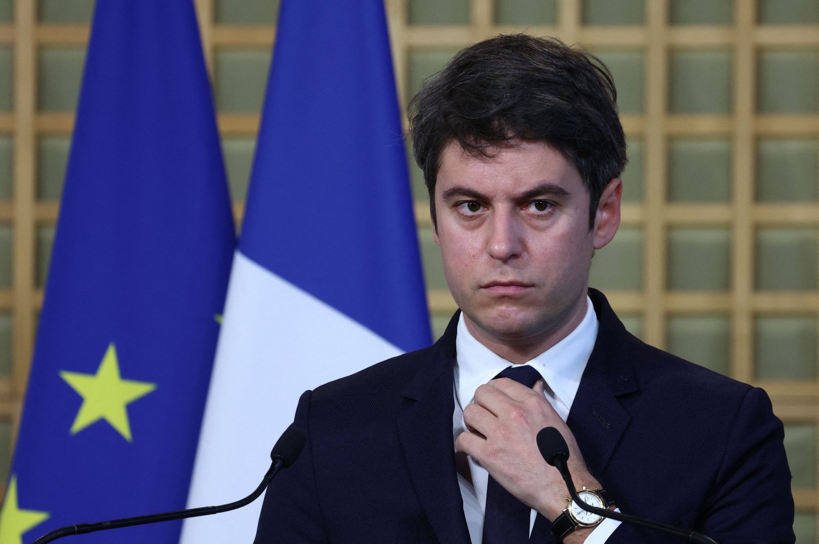 France&#039;s Prime Minister Gabriel Attal holds a press conference with deputy minister for Public Accounts, Paris, France, March 20, 2024. (AFP Photo)