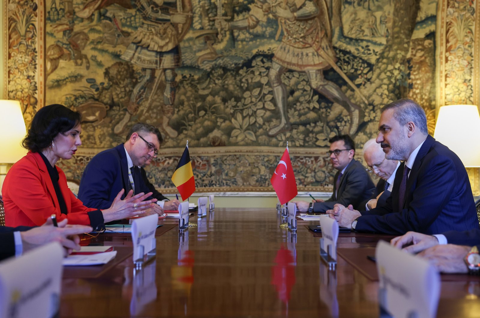 Foreign Minister Hakan Fidan and Belgian Foreign Minister Hadja Lahbib hold a meeting in Brussels, March 21, 2024. (AA Photo)