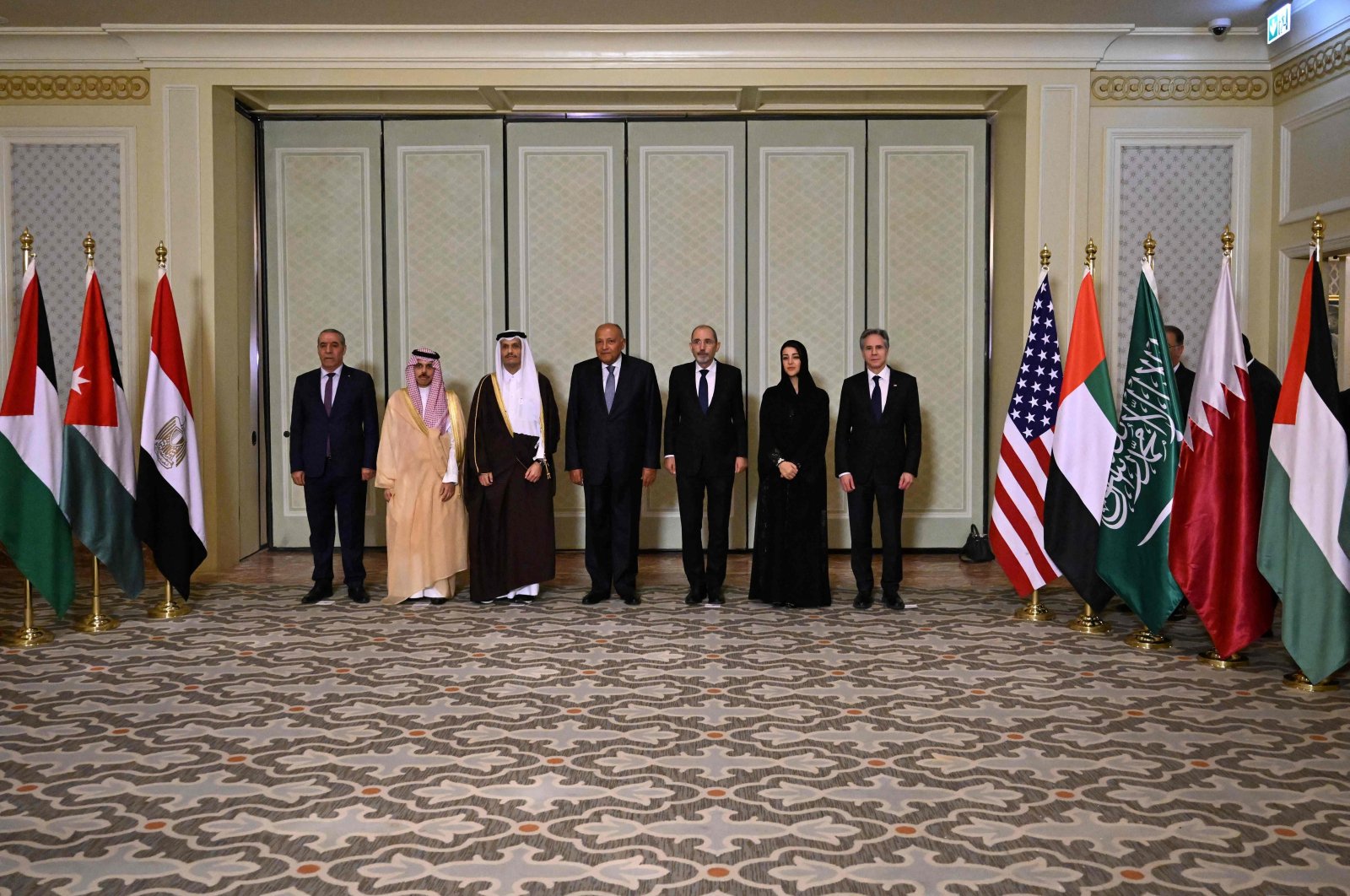 From right to left, U.S. Secretary of State Antony Blinken, UAE Minister of State for International Cooperation Reem Ibrahim Al Hashimi, Jordanian Foreign Minister Ayman Safadi, Egyptian Foreign Minister Sameh Shoukry, Qatari Foreign Minister Sheikh Mohammed bin Abdulrahman bin Jassim Al Thani, Saudi Arabia&#039;s Foreign Minister Prince Faisal bin Farhan and Secretary-General of the Executive Committee of the Palestine Liberation Organisation (PLO) Hussein Al-Sheikh, pose for a group picture before their meeting in Cairo, Egypt, March 21, 2024. (AFP Photo)