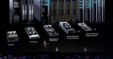 Nvidia CEO Jensen Huang delivers a keynote address during the Nvidia GTC Artificial Intelligence Conference, SAP Center, San Jose, California, U.S., March 18, 2024. (AFP Photo)