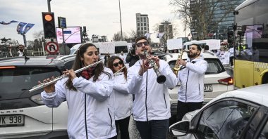 The "Stars of Istanbul" brass band perform at Büyükdere Avenue in Şişli, Istanbul, Türkiye, March 21, 2024. (AA Photo)