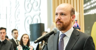 World Ethnosports Confederation President Bilal Erdoğan speaks at the countdown ceremony of the 5th World Nomad Games, Astana, Kazakhstan, March 22, 2024. (AA Photo)