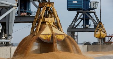 A crane loads wheat grain into the cargo vessel Mezhdurechensk before its departure for the Russian city of Rostov-on-Don in the course of the Russia-Ukraine conflict in the port of Mariupol, Ukraine, Oct. 25, 2023.