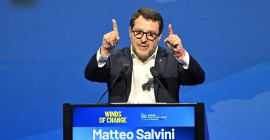 Italy&#039;s Deputy Prime Minister and leader of the Italian far-right party &quot;Lega&quot; Matteo Salvini, addresses a rally of Identity and Democracy (ID), a right-wing to the far-right group at the European Parliament, organized by Lega in Rome, on March 23, 2024. (AFP Photo)