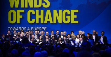 Italian Minister of Infrastructure Matteo Salvini (C), poses with Andre&#039; Ventura, leader of Chega (Portugal), Gerolf Annemans, president of the Identity and Democracy Party, Harald Vilimsky, head of the delegation of FPO (Austria) at the European Parliament, and Vivek Ramaswamy, entrepreneur and former candidate in the 2024 Republican Primaries (United States) at Roma Studios, in Rome, Italy, March 23, 2024. (EPA Photo)