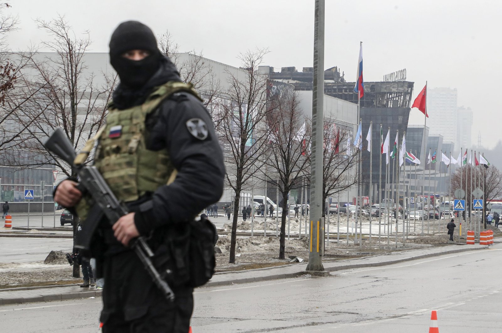 A Russian policeman guards near the burned Crocus City Hall concert venue following a terrorist attack in Krasnogorsk, outside Moscow, Russia, March 23, 2024. (EPA Photo)