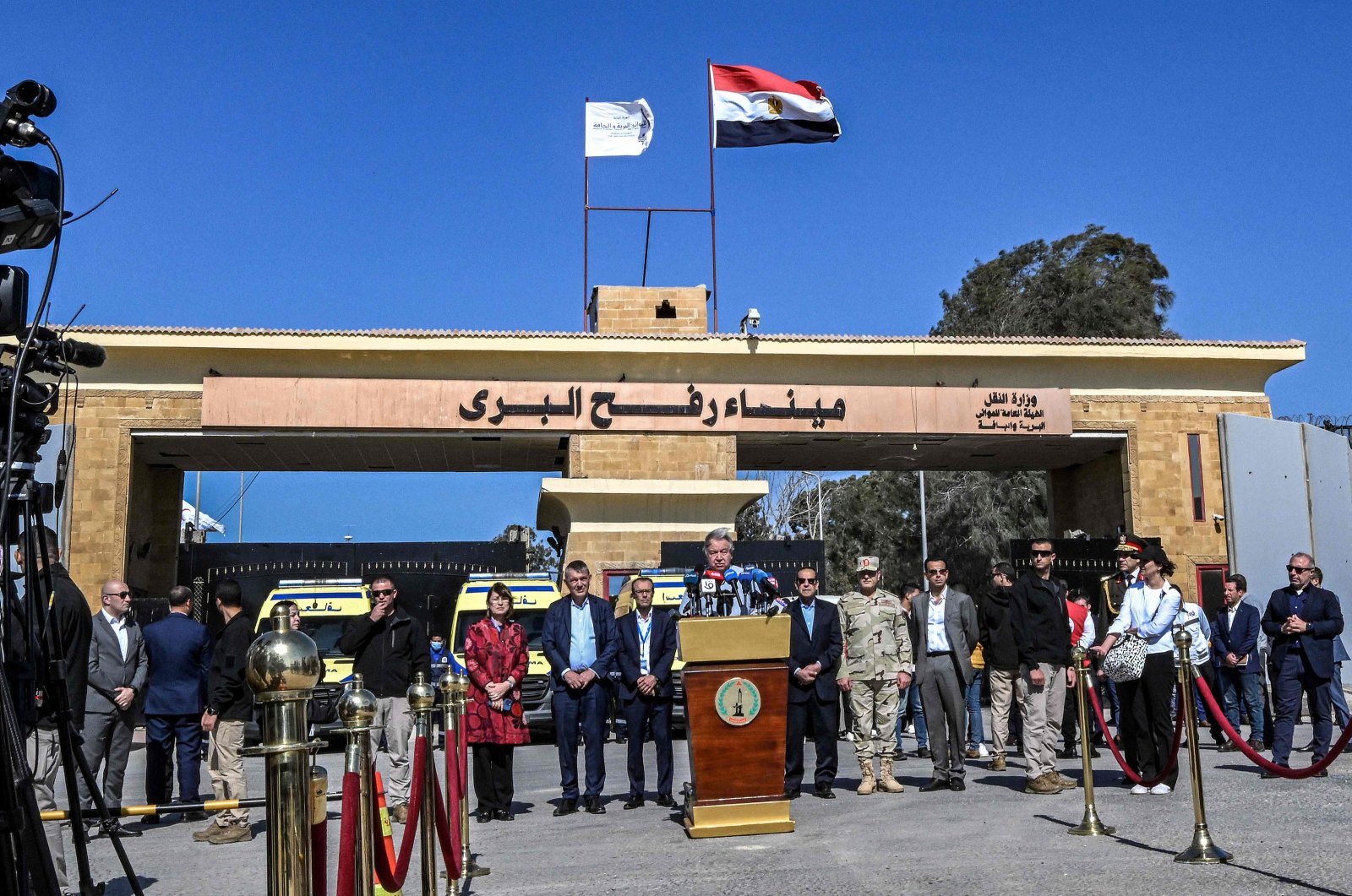 United Nations Secretary-General Antonio Guterres speaks to the media outside the Egyptian side of the Rafah border crossing with the Gaza Strip on March 23, 2024. (AFP Photo)