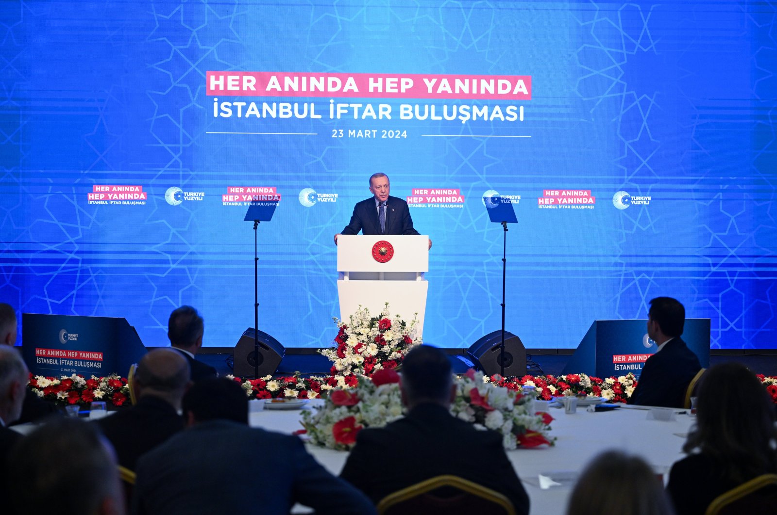 President Recep Tayyip Erdoğan speaks at an iftar gathering at Haliç Congress Center in Istanbul, March 23, 2024. (AA Photo)