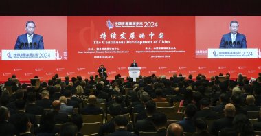 Chinese Premier Li Qiang speaks during the annual meeting of the China Development Forum at the Diaoyutai Guesthouse in Beijing, China, March 24, 2024. (AP Photo)