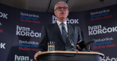 Presidential candidate Ivan Korcok speaks to journalists at his election headquarters in Bratislava, Slovakia, March 23, 2024. (AA Photo)