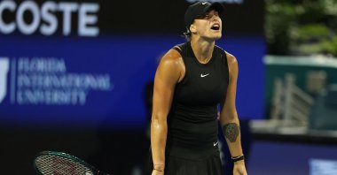 Aryna Sabalenka reacts to a lost point against Anhelina Kalinina during their Miami Open match, Miami Gardens, Florida, March 23, 2024. (AFP Photo)
