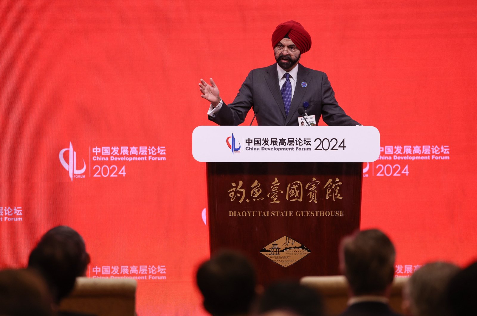 Ajay Banga, head of the World Bank Group, delivers a speech during the annual meeting of the China Development Forum at the Diaoyutai Guesthouse, Beijing, China, March 24, 2024.