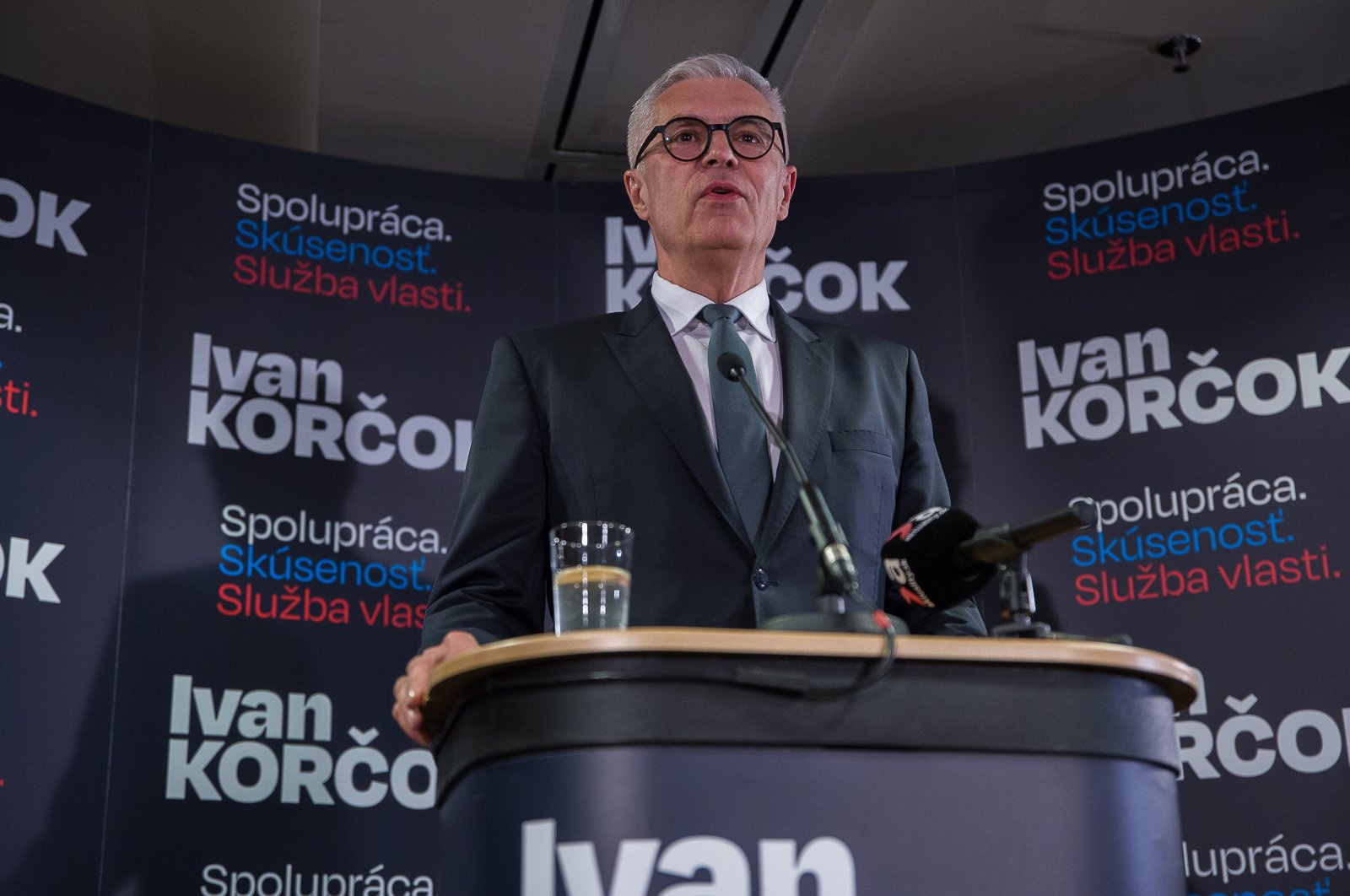 Presidential candidate Ivan Korcok speaks to journalists at his election headquarters in Bratislava, Slovakia, March 23, 2024. (AA Photo)